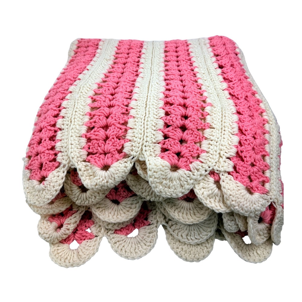 Vintage Handmade Crochet Afghan Blanket Pink White Striped Scalloped Edge 80x64 - Picture 5 of 6